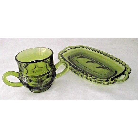 Kings Crown Green Indiana Glass Creamer Dish Thumbprint Butter Replacement Vtg - Picture 1 of 9